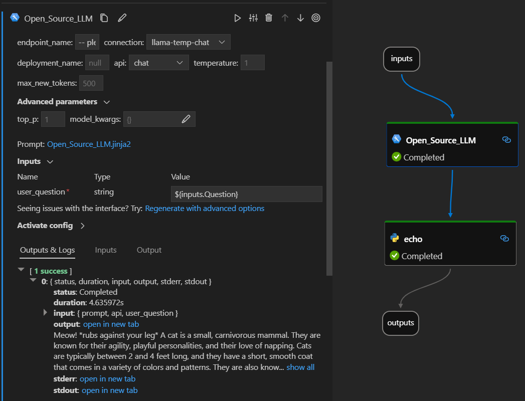 Screenshot of the Open Source Llm On vsCode PromptFlow extension